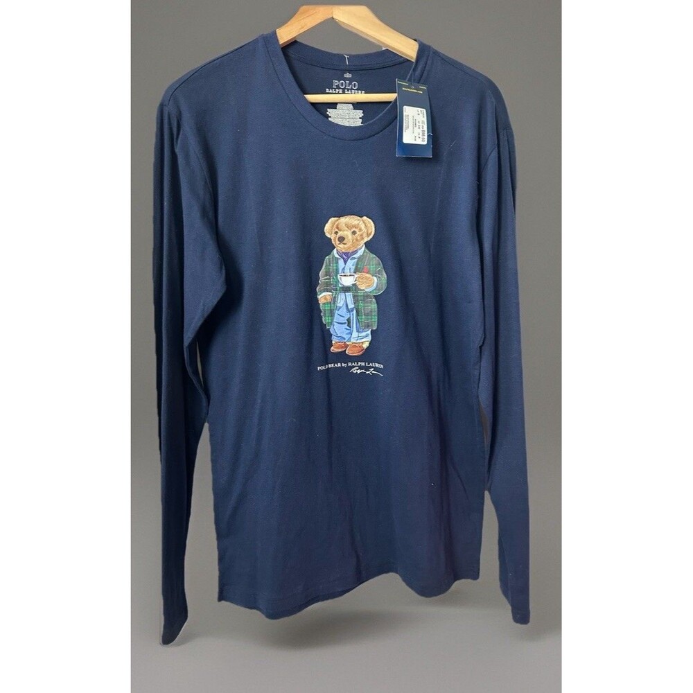 New Ralph Lauren Polo Bear Plaid Grandpa Coffee Long Sleeve Shirt Navy Size S